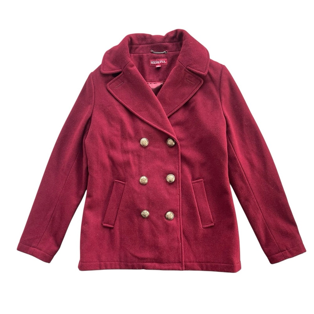 Merona Women's L Burgundy Gold Button Front, Double Breasted Wool Blend Pea Coat